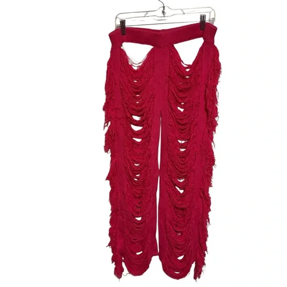 SHEIN Hot Pink Fringe Trim Halter Top & Ripped Pants Set - Picture 3 of 4